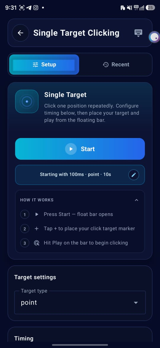 Single Target Clicking Setup screen